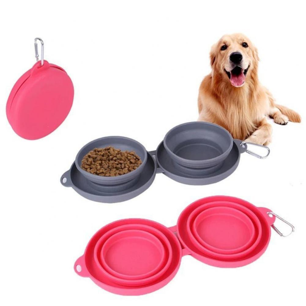 Foldable Double Pet Feeding Bowl – Portable Silicone Travel Food & Water Dish for Dogs & Cats