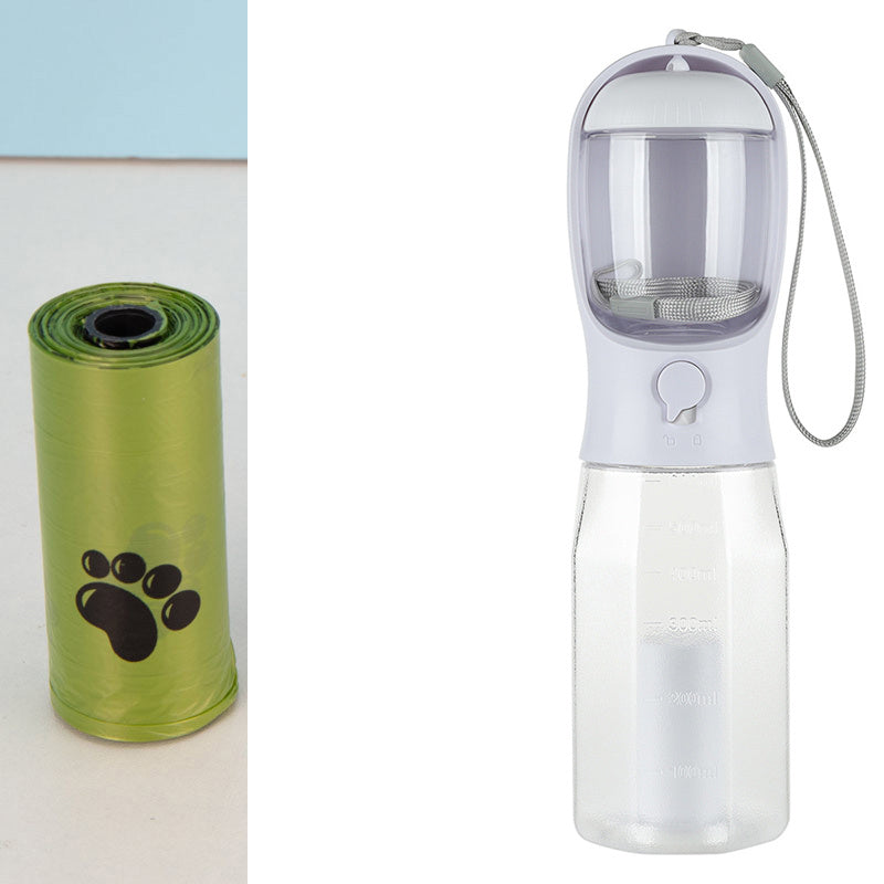 3-in-1 Portable Pet Water Bottle – Dog & Cat Travel Feeder with Food Container and Poop Bag Dispenser