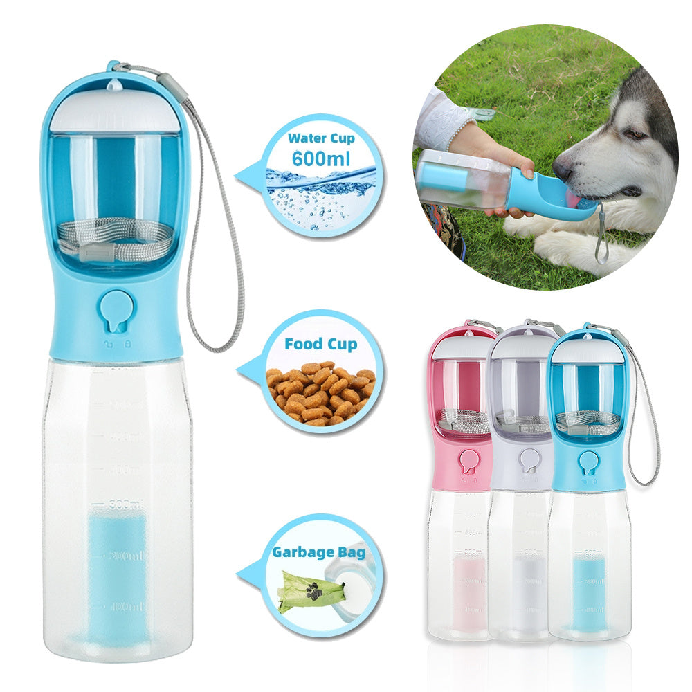 3-in-1 Portable Pet Water Bottle – Dog & Cat Travel Feeder with Food Container and Poop Bag Dispenser