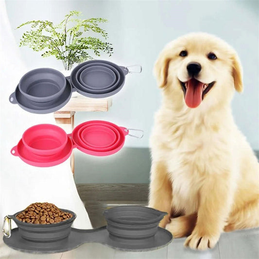 Foldable Double Pet Feeding Bowl – Portable Silicone Travel Food & Water Dish for Dogs & Cats