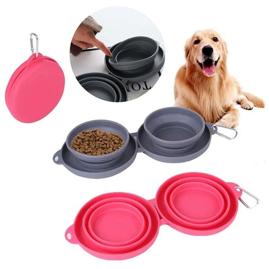 Foldable Double Pet Feeding Bowl – Portable Silicone Travel Food & Water Dish for Dogs & Cats