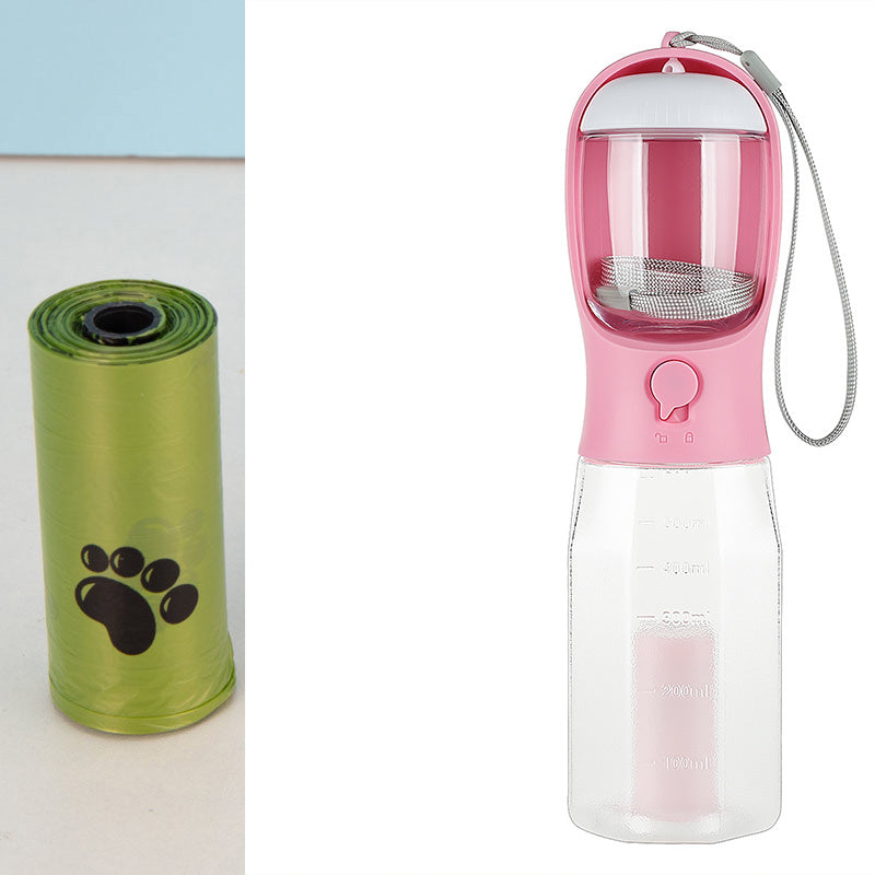 3-in-1 Portable Pet Water Bottle – Dog & Cat Travel Feeder with Food Container and Poop Bag Dispenser