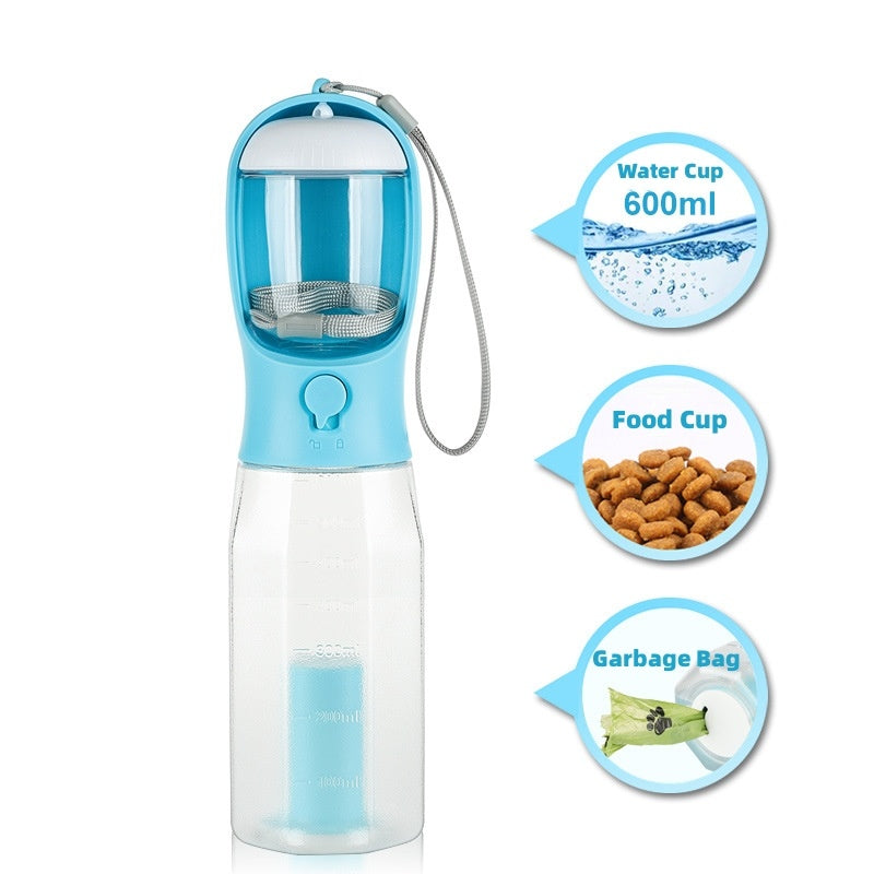 3-in-1 Portable Pet Water Bottle – Dog & Cat Travel Feeder with Food Container and Poop Bag Dispenser